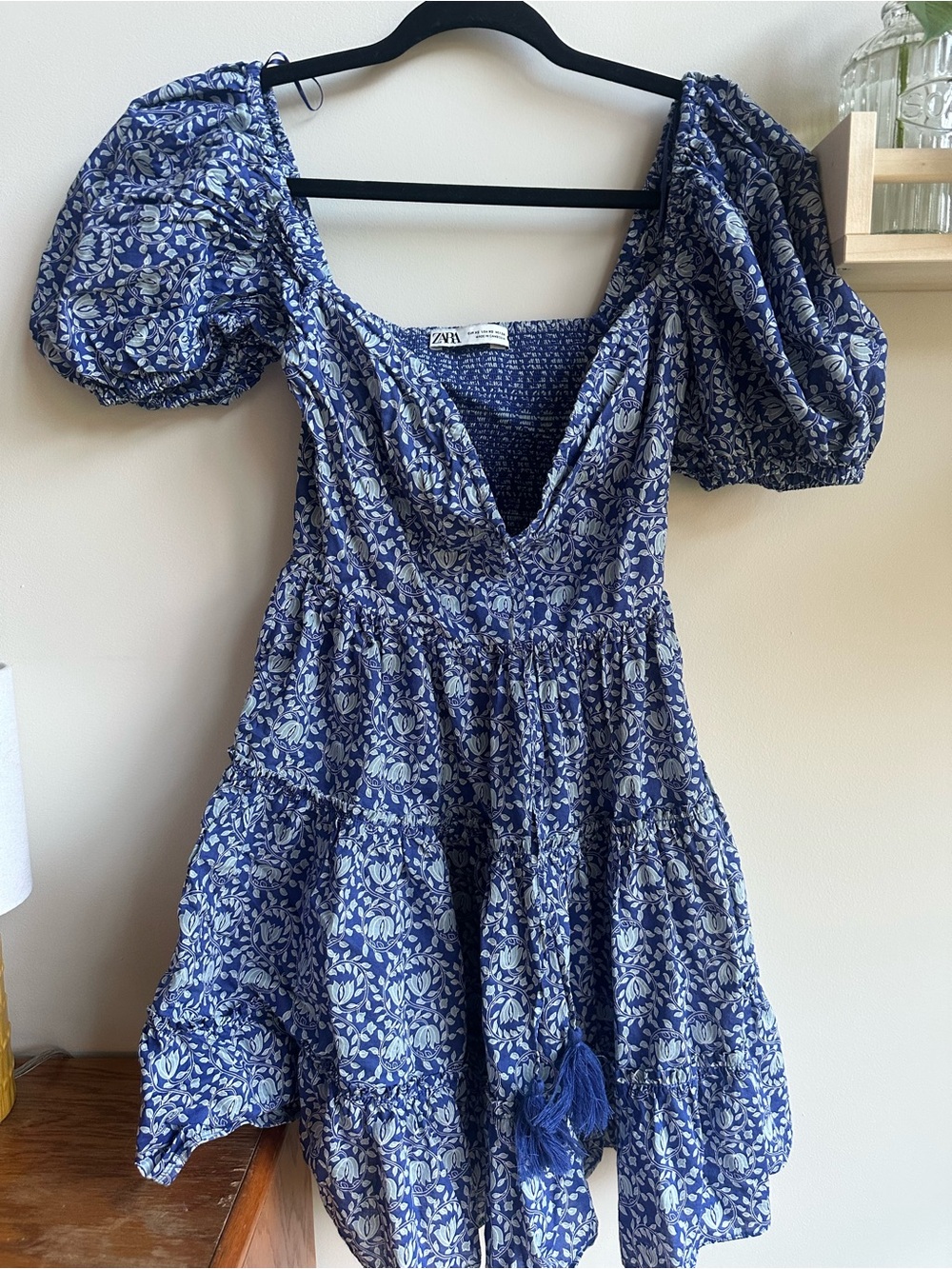 Zara Navy Blue Floral Puff-Sleeve Mini Dress